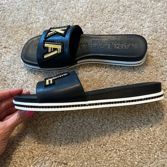 Karl Lagerfeld Jeslyn Patch logo slide sandal black rhinestone shoe size 9 - Picture 4 of 7
